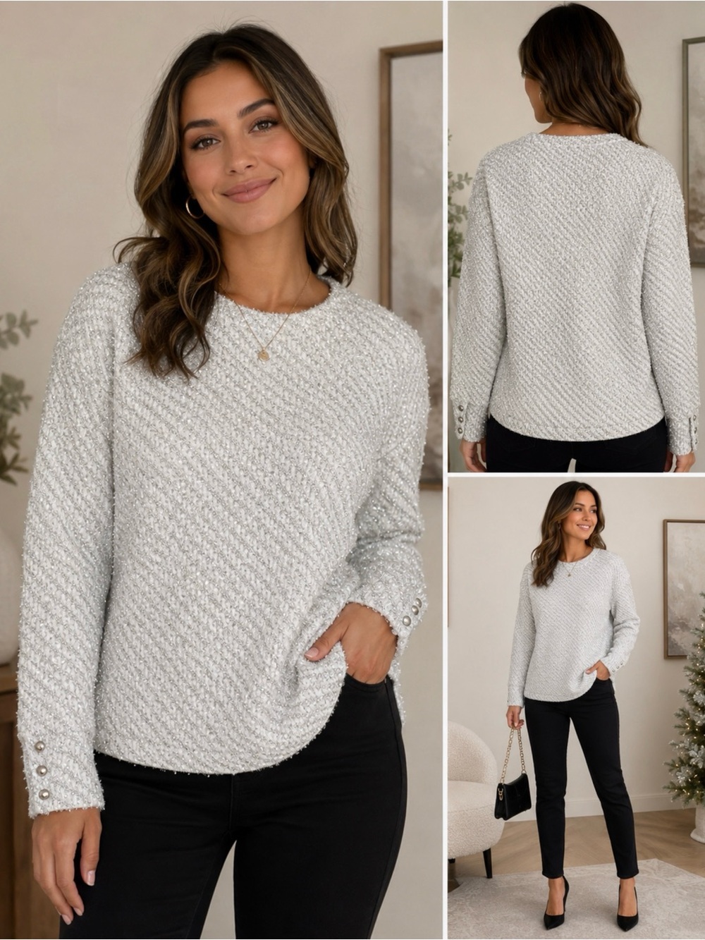 John Paul Richard White & Silver Metallic Knit Sweater Size M
